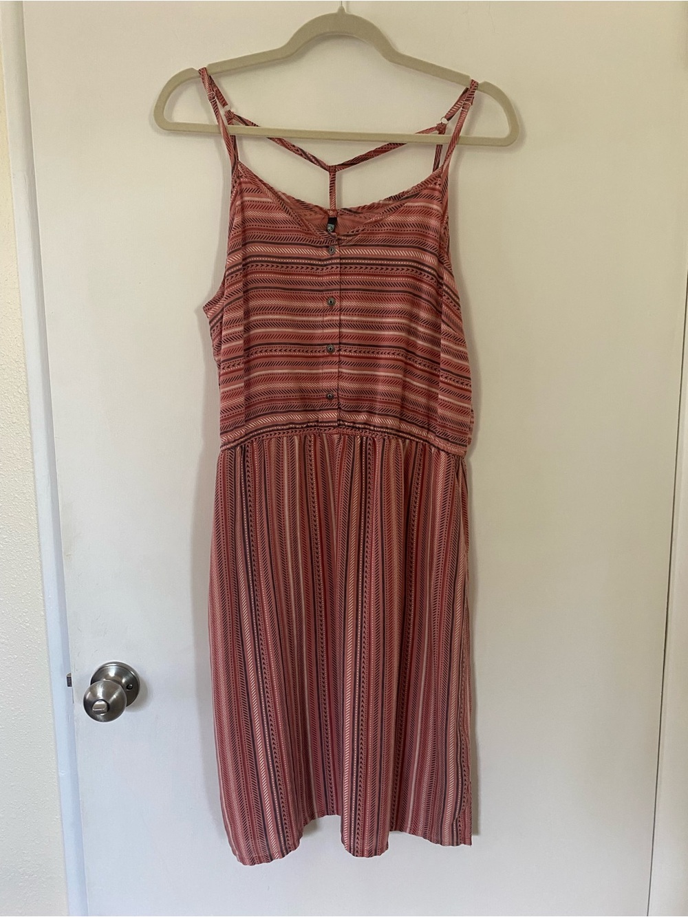 Kuhl Rust Pink Striped Midi Dress Strappy Back Button Front Tencel Size Medium